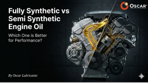 Split-view engine illustration contrasting fully synthetic and semi-synthetic oil with Oscar Lubricants branding on dark background.