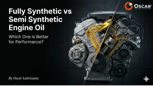 Split-view engine illustration contrasting fully synthetic and semi-synthetic oil with Oscar Lubricants branding on dark background.