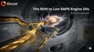 Promotional banner for Oscar Lubricants: 'The Shift to Low SAPS Engine Oils' with golden engine oil flowing through an engine chamber.